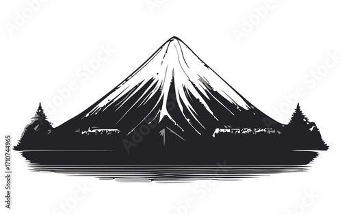 Stylized black and white illustration of a mountain with snow-covered peak, reflecting in water.