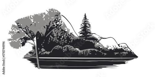 A black and white graphic illustration of a small island with deciduous and coniferous trees reflected in water.