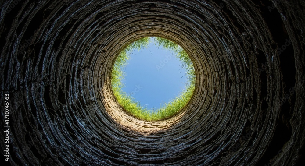 Obraz premium Stone Well View to Sky – Cylindrical Depth and Nature Contrast
