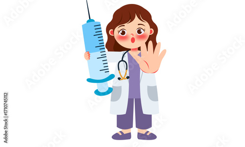 A cartoon doctor holding a large syringe and making a stop gesture with her hand.