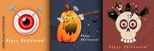  Happy Halloween square greeting text card, cover, poster, vector design. Collection Set pumpkin jack o lantern, skull with grave template colorful background.
