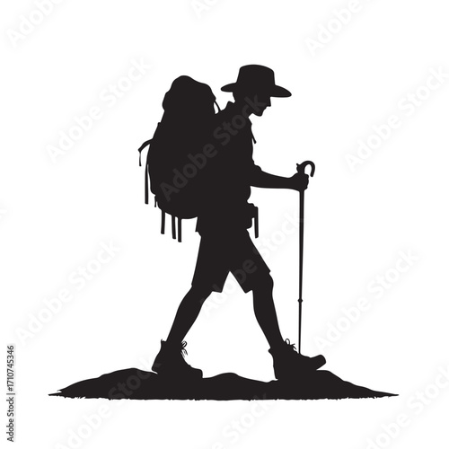 Hiker silhouette with backpack and walking stick