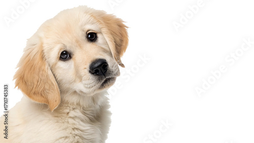 Photos Cute golden retriever puppy looking curiously at the camera in a bright setting