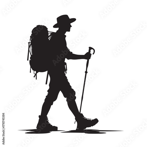 Hiker silhouette with backpack and walking stick