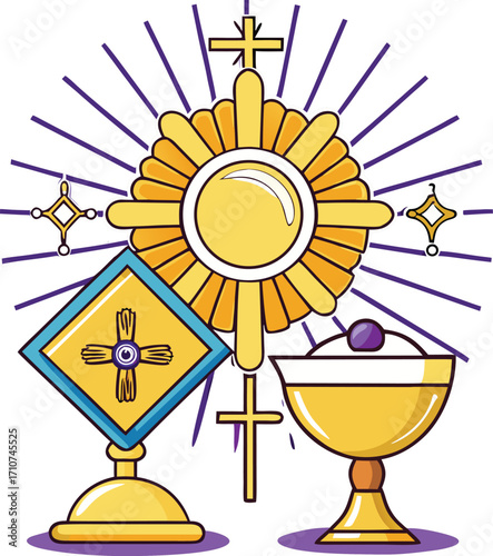 Stylized golden chalice monstrance and cross on white background religious christian