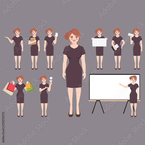 Casual young business woman holding laptop. Character constructor for animation. Front, side and back view set. Body parts, postures, poses collection. Vector illustration. 