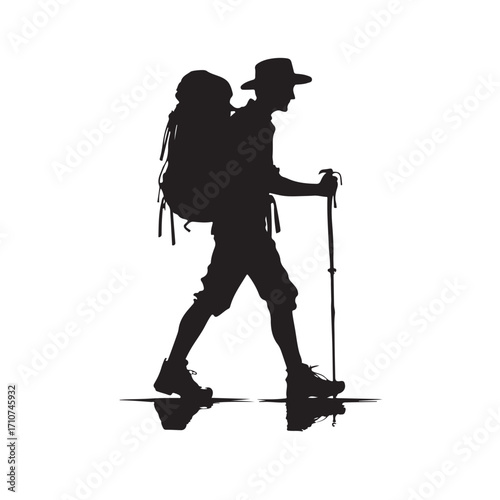 Hiker silhouette with backpack and walking stick