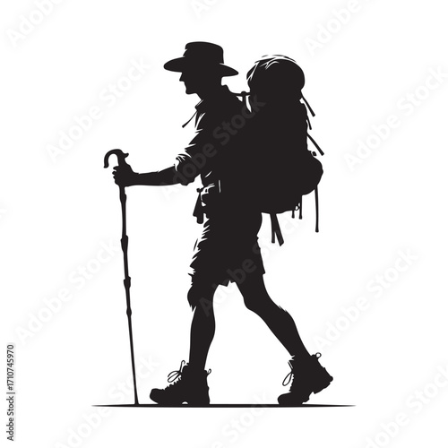 Hiker silhouette with backpack and walking stick