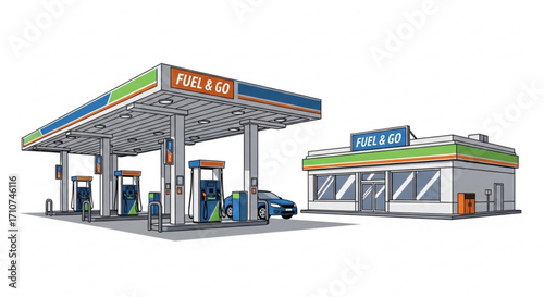 Fuel station gas station with convenience store for car refueling and service illustration vector art