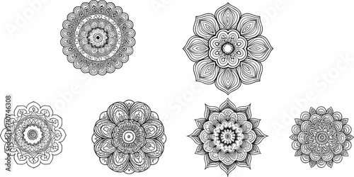 Black and white mandala vector set, floral and geometric circular designs, symmetrical line art for mindfulness coloring, boho decor, and spiritual illustration