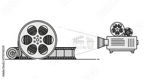 Movie projector film reel clapperboard popcorn cinema entertainment vector illustration graphic design image