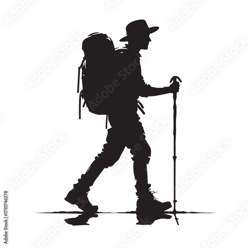 Hiker silhouette with backpack and walking stick