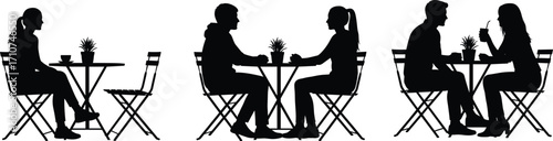 Café conversation silhouette set, black-and-white illustrations of seated figures at tables for lifestyle, relationship, and social design themes
