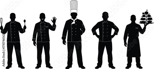 Chef character silhouette set, black-and-white illustrations of culinary professionals with tools and expressive poses for cooking, hospitality, and design themes