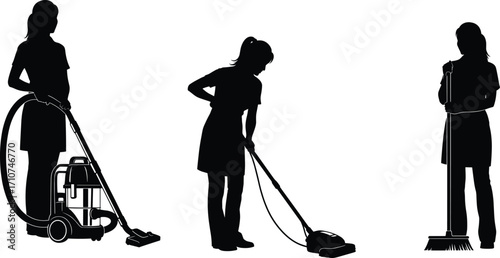 Cleaning equipment silhouette set, black-and-white illustrations of janitorial poses with vacuum, buffer, and broom for lifestyle and labor themes