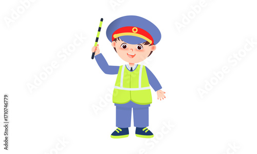 A cartoon illustration of a young boy dressed as a traffic controller, holding a striped baton.