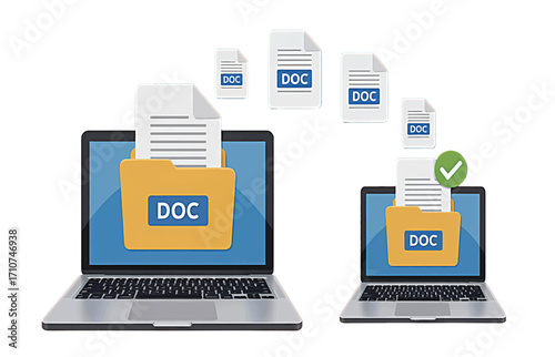 Seamless Document Transfer Conceptual Illustration of Digital File Sharing Between Laptops