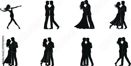 Couple dance silhouette vector set, romantic and ballroom poses with flowing motion for performance design, love art, and elegant movement illustration
