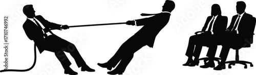 Corporate tug-of-war silhouette illustration, black-and-white figures in business attire pulling rope for competition, conflict, and teamwork design themes