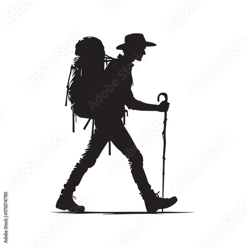 Hiker silhouette with backpack and walking stick