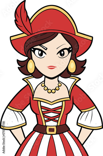 Pirate Woman Red Costume Feather Hat cartoon gold