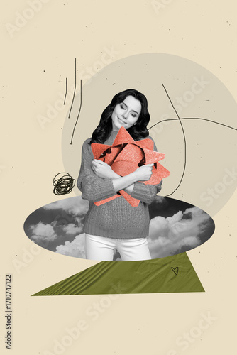 Poster image vertical photo collage of happy girl hug bow present celebration holiday xmas mood birthday occasion surprise