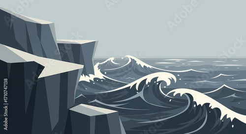 Dynamic illustration of powerful ocean waves breaking against the imposing, jagged coastal cliffs, depicting the raw, untamed beauty and dramatic energy of a stormy sea environment