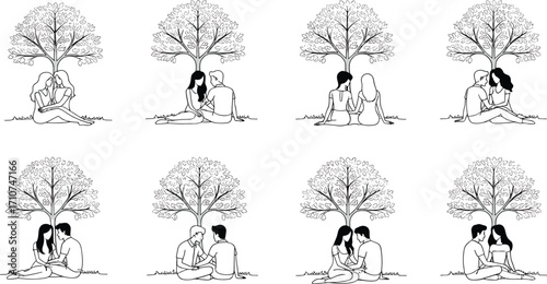 Couple under tree vector set, romantic silhouette illustrations, love and nature moments for relationship design, emotional connection, and minimal line art decor