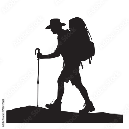 Hiker silhouette with backpack and walking stick