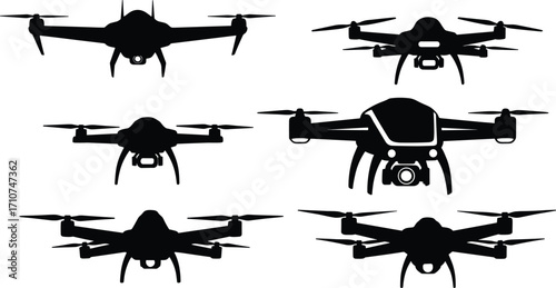 Drone silhouette vector set, black quadcopter designs with camera and rotor variations for tech illustration, aerial photography, and UAV identification visuals