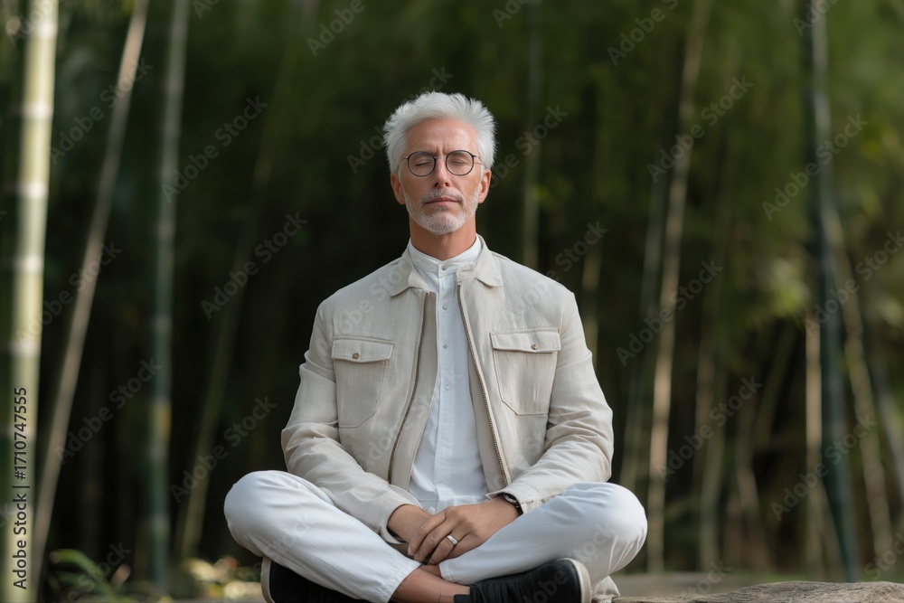 Obraz premium Elderly caucasian male meditating in tranquil bamboo forest setting