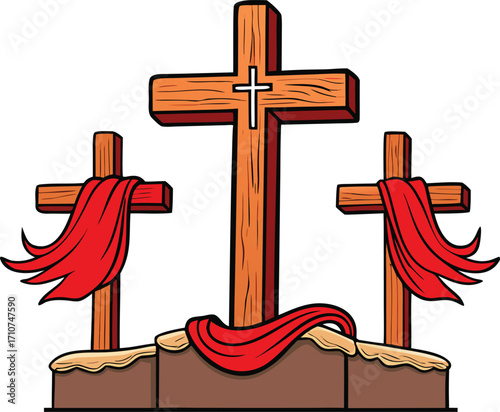 Three wooden crosses with red draped cloth on a white background crucifixion religion