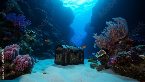 Sunken Treasure Chest on the Ocean Floor with Colorful Coral Reef