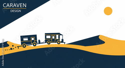 Minimalist illustration of a recreational vehicle and trailer traversing rolling sand dunes under a bright sun, symbolizing desert adventure and nomadic exploration and travel