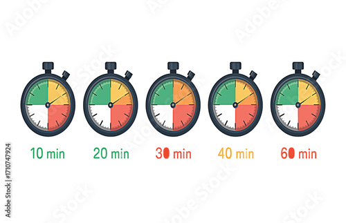 Five stopwatches with different time intervals 10 minutes, 20 minutes, 30 minutes, 40 minutes, and 60 minutes