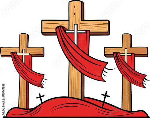 Three Wooden Crosses with Red Draping on White Background crucifixion religion
