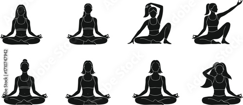 Female yoga pose silhouette vector set, black seated and semi-seated meditation icons for wellness, mindfulness, fitness, and spiritual lifestyle design