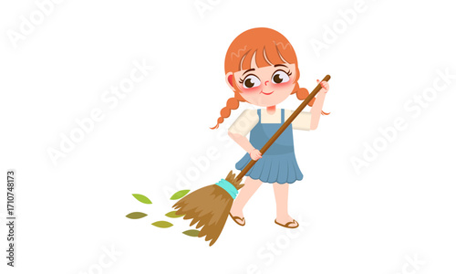 A young girl with braided red hair diligently sweeps fallen leaves with a broom.