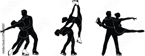 Figure skating silhouette set, black-and-white illustrations of pair skaters in dynamic lifts and poses for sports, elegance, and character design themes