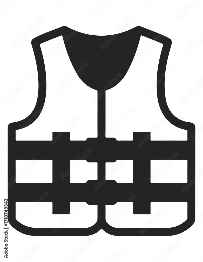 Fototapeta premium A solid black icon of a life vest with horizontal straps, representing survival and personal flotation equipment for marine activities.