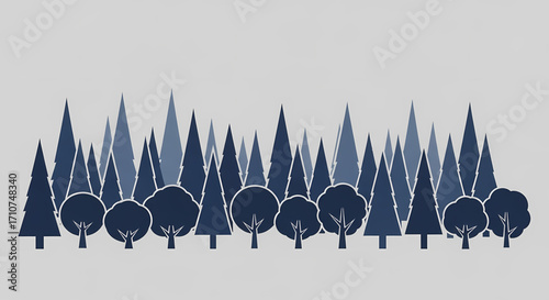 A modern graphic illustration depicting a stylized forest landscape, featuring a diverse collection of trees in various blue shades, perfect for minimalist nature themes