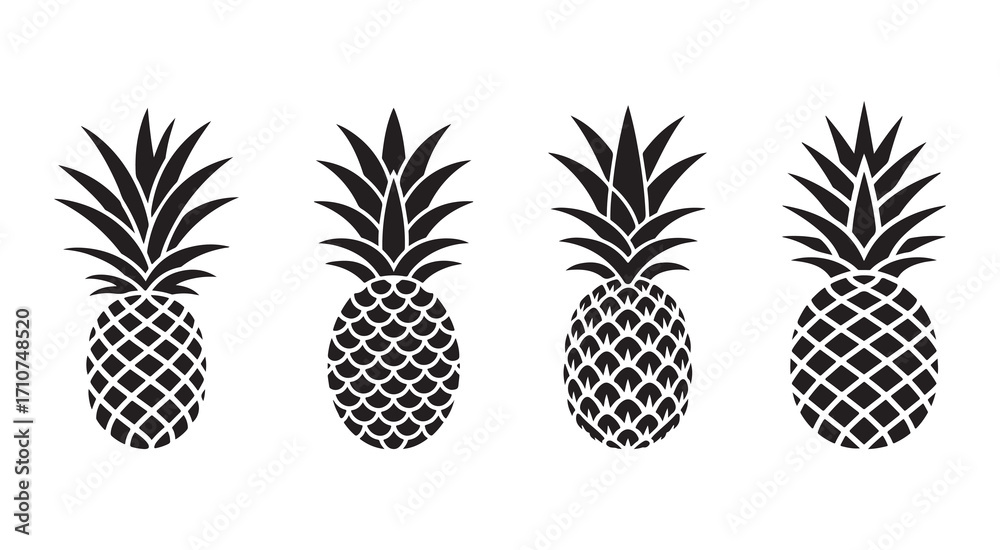 Fototapeta premium Pineapple Silhouette Vector Set Black Tropical Fruit Icon Collection