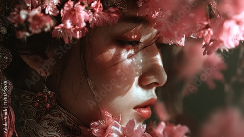 Portrait of a beautiful woman with pink flowers in her hair, bathed in soft light, creating a dreamy and ethereal atmosphere
