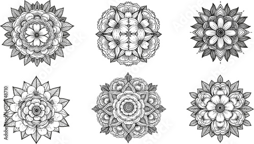 Floral mandala vector set, black-and-white symmetrical designs with ornamental patterns for meditation art, coloring pages, boho decor, and spiritual inspiration