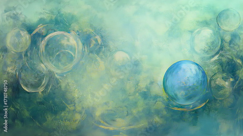Abstract artistic background with floating blue bubbles and transparent spheres in water and oil texture, modern liquid shapes with light reflections and vibrant colors