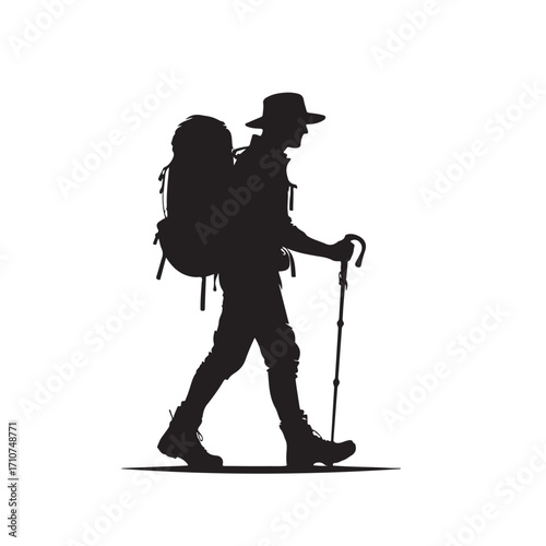 Hiker silhouette with backpack and walking stick