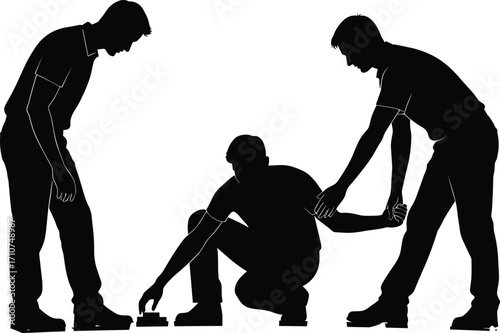 Helping hand silhouette illustration, black-and-white figures in supportive and cooperative poses for lifestyle, empathy, and social design themes