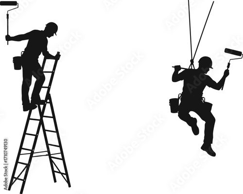 High-altitude painting silhouette set, black-and-white illustrations of ladder and rope-supported workers for construction, safety, and labor design themes