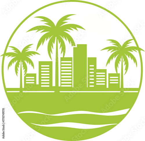 Palm trees with city skyline icon, tropical beach and urban vibes.