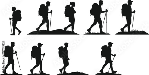 Hiker silhouette vector set, black trekking poses with backpacks and poles for outdoor adventure design, nature fitness, and travel lifestyle illustration
